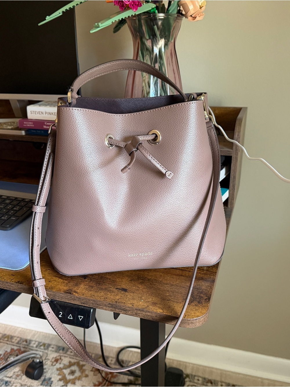 kate spade Mauve Pebbled Leather Bucket Shoulder Bag with Gold Hardware